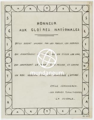 Honneur aux gloires nationales - citation de Verhaeren. [Atlas Bruxelles]. [1944] Encyclopedia Universalis Mundaneum