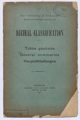 Decimal classification. Tables générales / General summaries / Hauptabtheilungen