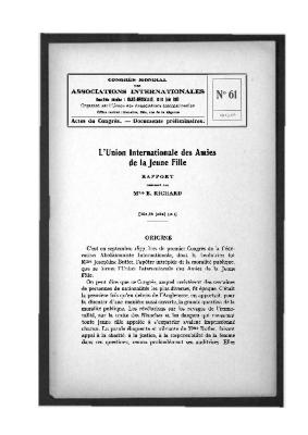 Congrès mondial des Associations internationales (Gand-Bruxelles, 1913). Actes du Congrès - Documents préliminaires. L'Union internationale des amies de la jeune fille