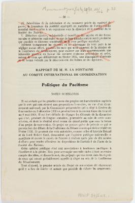 Politique du pacifisme, notes sommaires, rapport de M. H. La Fontaine au comité international de coordination, in : le Mouvement pacifiste