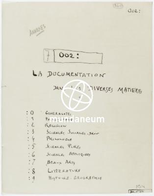 7|002: / La documentation dans les diverses matières. Traité de documentation. Encyclopedia Universalis Mundaneum