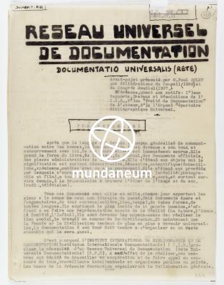 Réseau universel de documentation (1). [Traité de documentation]. Encyclopedia Universalis Mundaneum