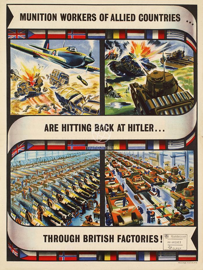 Munition workers of allied countries ... are hitting back at Hitler ... through british factories ! [Les ouvriers des munitions alliées ... ripostent à Hitler ... par les fabriques britanniques !]