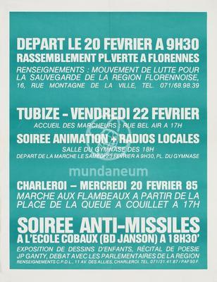 Départ le 20 février à 9h30 - Tubize, vendredi 22 février - Soirée anti-missiles à l'École Cobaux