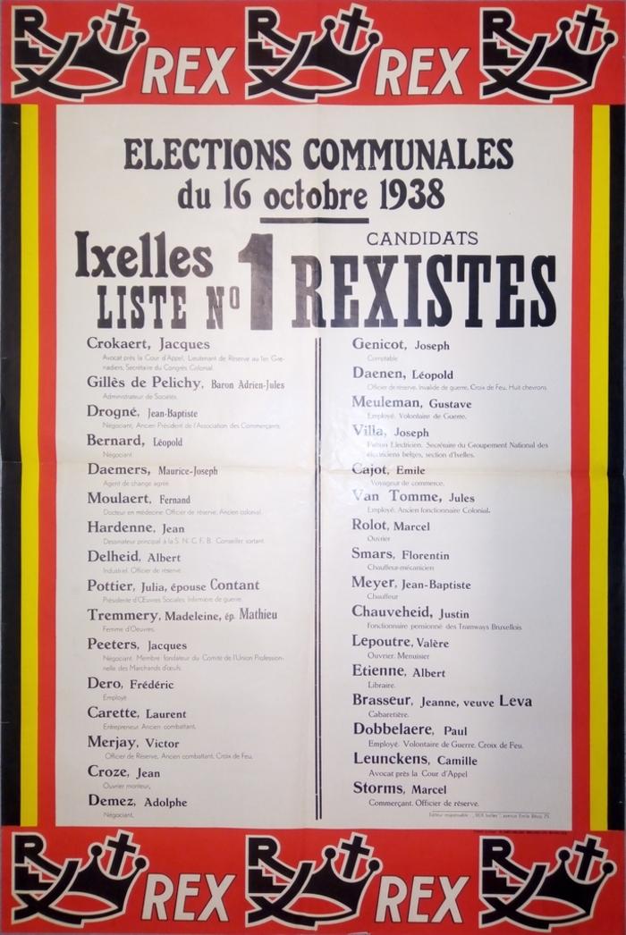 Élections communales du 16 octobre 1938. Ixelles. Liste n°1. Candidats rexistes